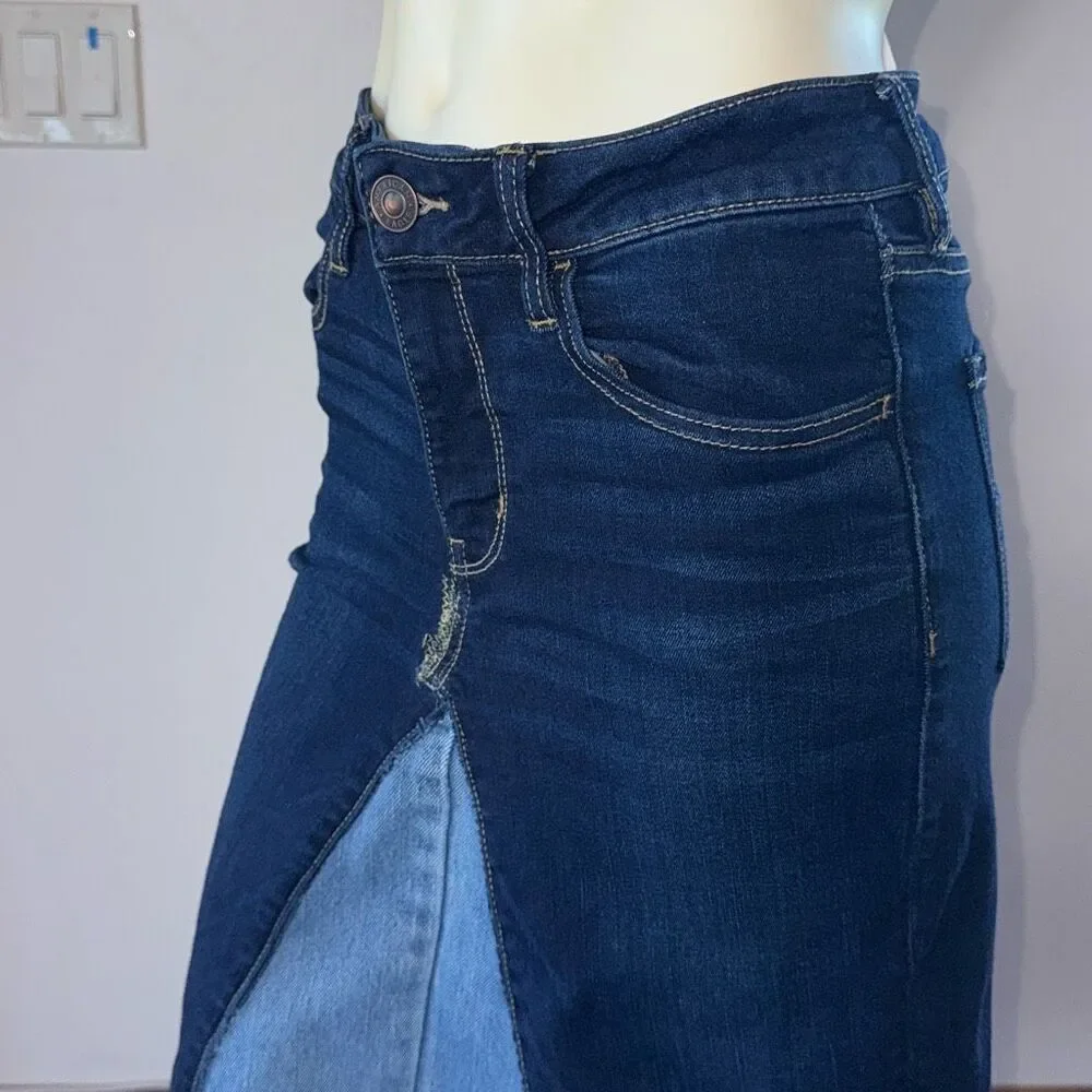 Up cycled‎ Bohemian Two Tone Blue Raw Hem Long Stretch Denim Maxi Skirt Size 6